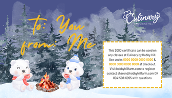 Culinary by Hobby Hill holiday gift certificate with a snowy village and Santa's sleigh