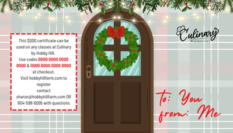 Culinary by Hobby Hill holiday gift certificate with a wreath on a front door and string lights
