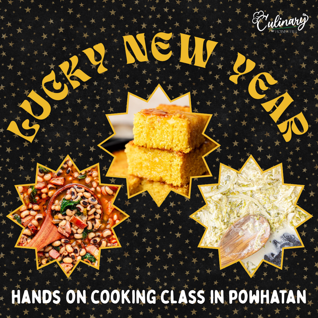 Lucky New Year hands-on cooking class at Culinary by Hobby Hill in Powhatan, VA with black eyed peas, cornbread, and creamed cabbage