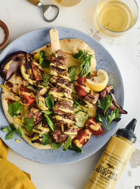 Grilled Lamb Kebabs with Coconut Curry Aioli