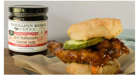 Hot Habanero Bacon Glazed Fried Chicken Biscuit Sandwich