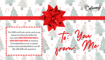 Culinary by Hobby Hill holiday gift certificate with a red bow and Christmas tree pattern