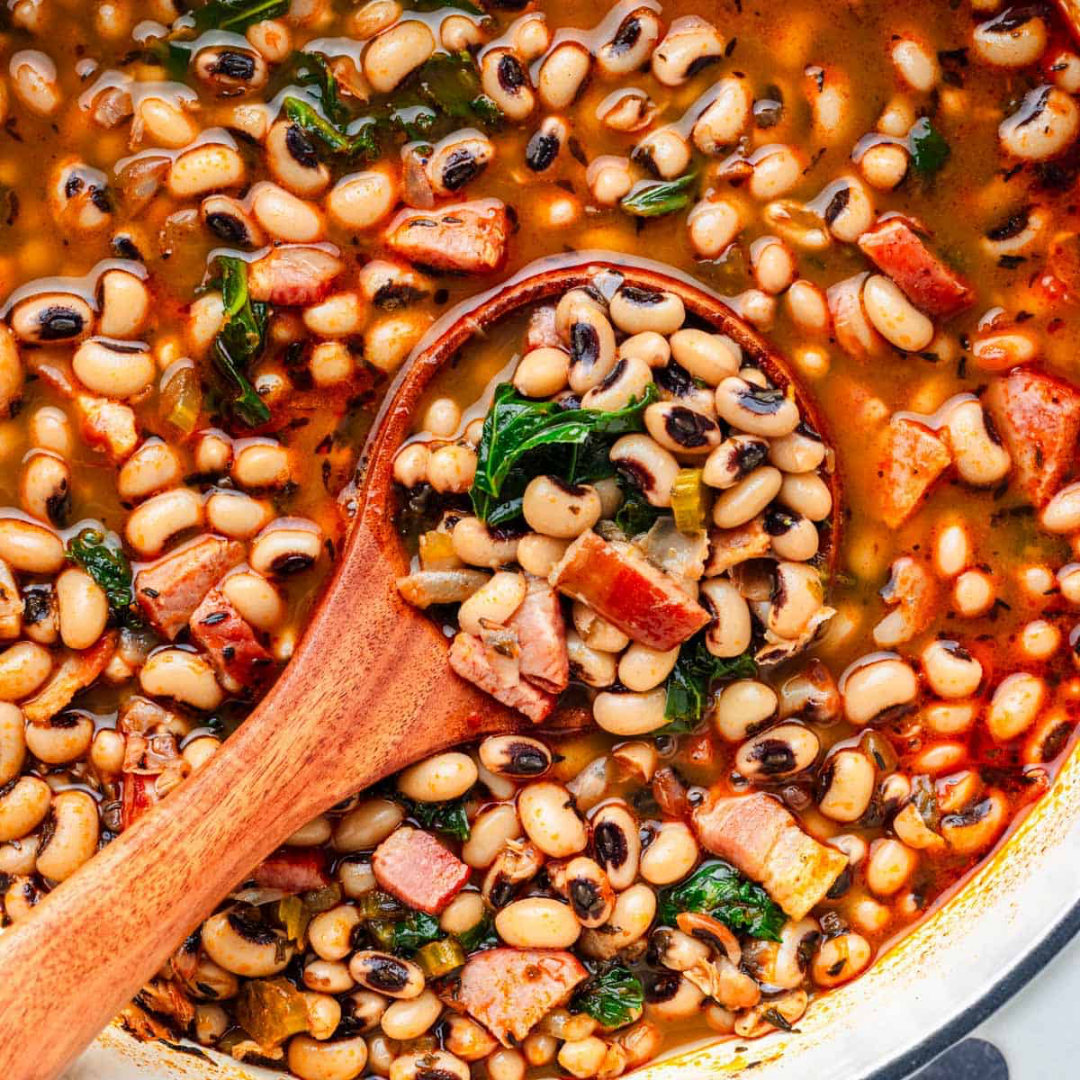 Southern black eyed peas simmered with crispy bacon, made in the Lucky New Year class at Culinary by Hobby Hill