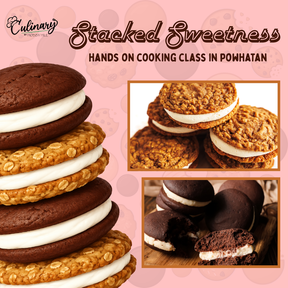 Stacked Sweetness hands-on cooking class in Powhatan, VA – stack of homemade oatmeal cream pies and chocolate whoopie pies | Culinary by Hobby Hill
