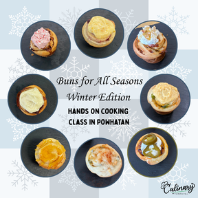 Buns for All Seasons Winter Edition hands-on cooking class in Powhatan, VA at Culinary by Hobby Hill – eight homemade specialty buns: Broccoli Cheddar, Chili Cheese, French Onion, Jalapeño Popper, Eggnog, Gingerbread, Cranberry Orange, and Peppermint Hot Cocoa