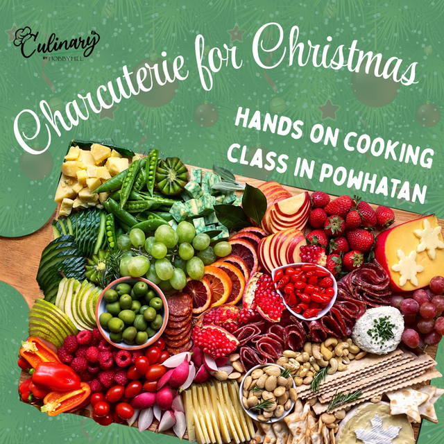Board Meeting: Holiday Charcuterie Night, a hands-on class in Powhatan, VA — holiday charcuterie board with cheeses, cured meats, fresh fruit, olives and crackers