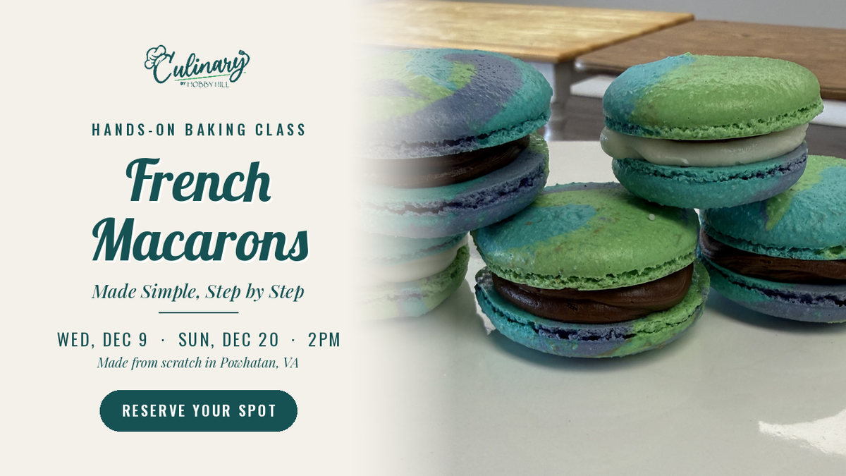 French Macarons hands-on baking class in Powhatan, VA – swirled teal and green macarons, Wed Dec 9 and Sun Dec 20 at 2pm – reserve your spot | Culinary by Hobby Hill