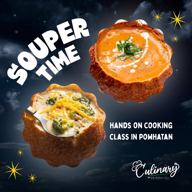 Souper Time hands-on soup and bread bowl cooking class in Powhatan, VA at Culinary by Hobby Hill – broccoli cheddar soup and creamy tomato soup served in homemade bread bowls against a starry night sky